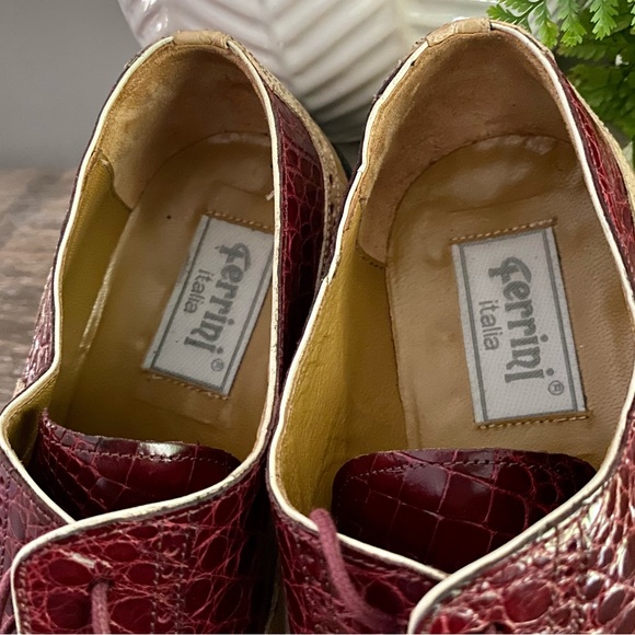 Ferrini Mens Alligator Skin Ostrich Quill Leather Oxfords Shoe Burgundy Wine Tan - Picture 10 of 15